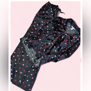 Victoria's Secret Black Satin Pajama Set with Pink and Red Hearts XS